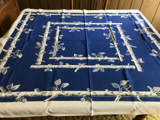 Vintage 44 " X52 " Cotton Print Tablecloth Blue White & Grey Tree Branches