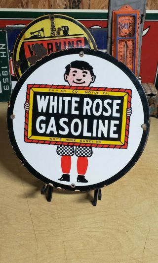 White Rose Gasoline Porcelain Sign Vintage Petroleum Magnoline Gas Pump Plate