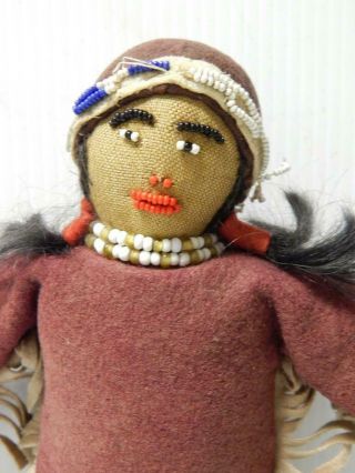 Vintage Plains Sioux Indian Beaded Doll Cloth Felt Human Hair - 11 1/8 " T