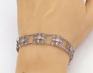925 Sterling Silver - Vintage Flower Filigree Design Link Chain Bracelet - B8050