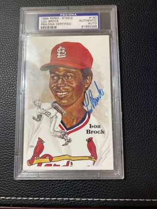 Lou Brock Hand Signed Hall Of Fame Perez Steele 1985 Postcard Cardinals Psa/dna