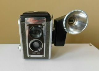 Vintage Brown Kodak Duaflex Iv Camera With Kodet Lens,  Flasholder & Flash