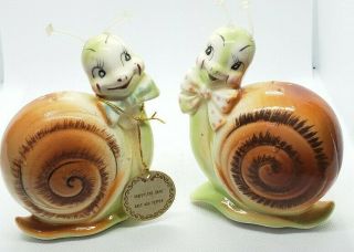 Vintage Snappy The Snail Salt And Pepper Shaker Anthropomorphic Cute With Tag