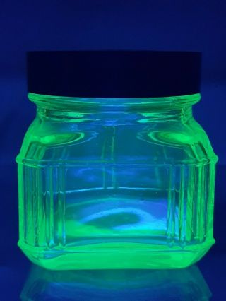 Vintage Uranium Green Depression Glass Storage Jar With Bakelite Lid 7cm High