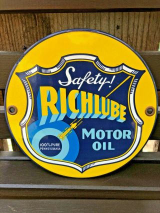 Vintage Safety Richlube Motor Oil 6 " Porcelain Enamel Sign Gas Oil Pump Station