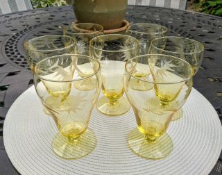 Vtg Topaz Yellow Glass Lg Footed Goblets | Etched | Set Of 7 | 5 " H | Depression