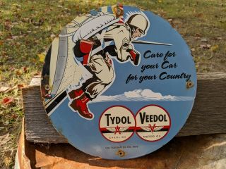 Vintage 1943 Tydol Flying A & Veedol Gasoline & Oil Porcelain Station Pump Sign