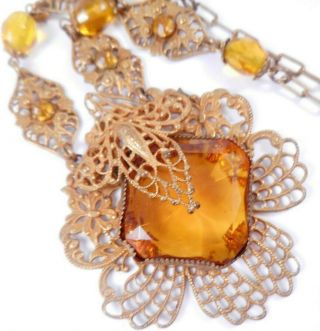 Antique Art Deco Czech Amber Glass Brass Filigree Necklace Rhinestone