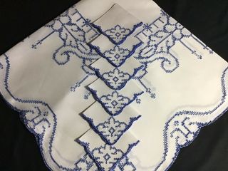 Vintage Linen Hand Embroidered Tablecloth & 6 Napkins Blue On White