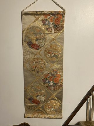 Vintage Japanese Fukuro Obi Beige Silk And Gold Thread Wall Hanging