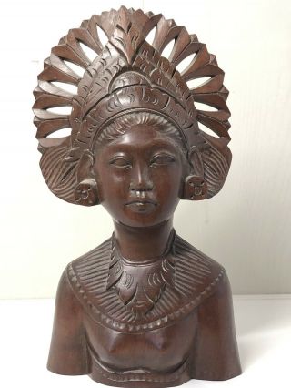 Vintage Hand Carved Wooden Indonesian Bust Of A Lady In Traditional Headdress