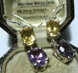 Vintage Style Jewellery Solid Silver Real Amethyst & Citrine Stone Drop Earrings