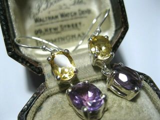 Vintage Style Jewellery Solid Silver Real AMETHYST & CITRINE Stone Drop EARRINGS 2