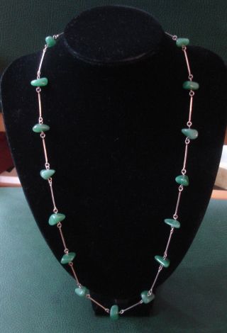 Vintage Sterling Silver And Green Stone Bead Necklace 27.  25 "