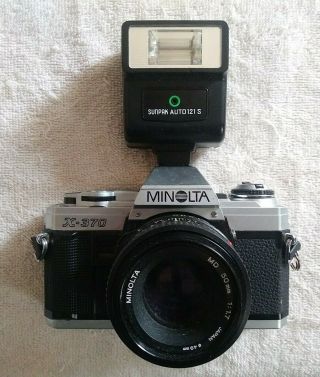 Vintage Minolta X - 370 Camera W/ 50mm Lens & Sunpack Auto 121s Flash