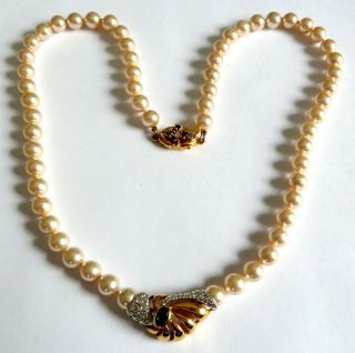 A Vintage 1980s Pearl Necklace With Gold Plated Setting With Blue & White Stones