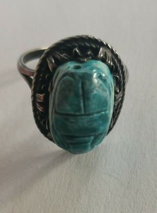 Vintage 800 Silver Egyptian Revival Scarab Beetle Ring Size M