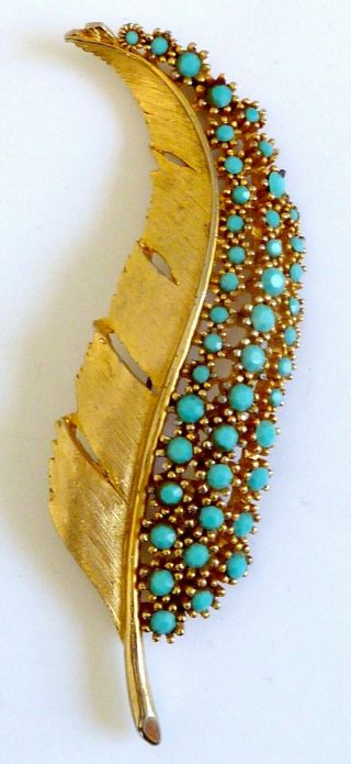 A Vintage 1950s Gold Tone Sphinx Designer Leaf Shaped Brooch With Faux Turquoise