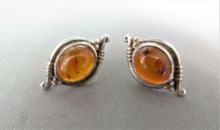 Vintage,  Solid Silver & Baltic Amber Stud Earrings.  Art Nouveau.  Ref: Xabd Os