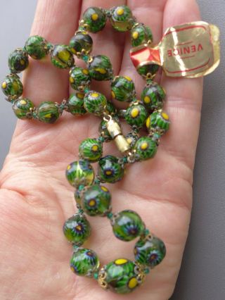 Pretty,  Vintage Venetian Matched Millefiori Glass Bead Necklace,  Green & Yellow