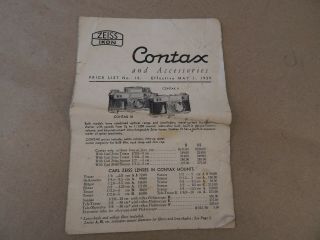 1939 Zeiss - Ikon Contax & Accessories Price List
