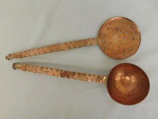 Vintage Arts & Crafts Hammered Copper Ladle And Strainer Spoon Kitchen Utensils