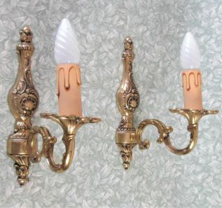 Pair Vintage French Ornate Brass Faux Candle Wall Lights Sconces