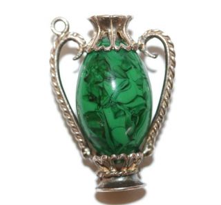Vintage Grecian Vase,  Green Art Glass Sterling Silver Bracelet Charm,  Larger