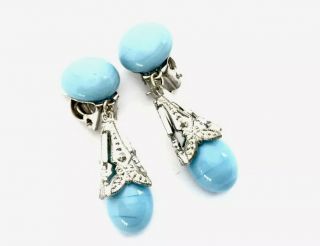 Vintage Silver Tone Turquoise Glass West Germany Drop Clip Earrings Gift Boxed