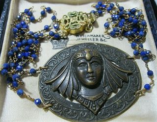 Vintage Jewellery Art Deco Nouveau Egyptian Revival Real Lapis Stone Necklace