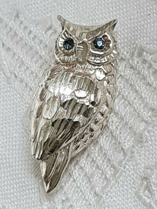 Vintage Sterling Silver Owl Bird Pin Blue Paste Eyes Brooch