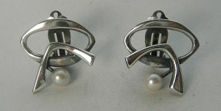 Vintage Modernist Mcm Esther Lewittes Abstract Sterling Silver & Pearl Earrings
