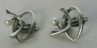 Vintage Modernist MCM Esther Lewittes Abstract Sterling Silver & Pearl Earrings 2