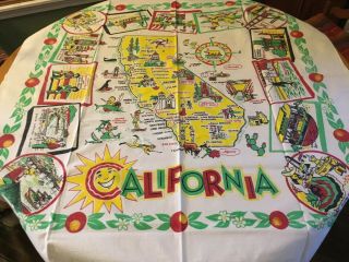 Vintage Cactus Cloth California Souvenir State Tablecloth 1940 
