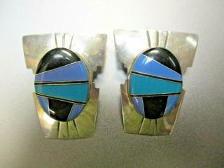 Vintage Native American Sterling Silver Multi Stone Inlay Cabs Earrings Signed