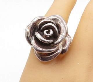 925 Sterling Silver - Vintage Hollow Sculpted Rose Flower Band Ring Sz 8 - R15497