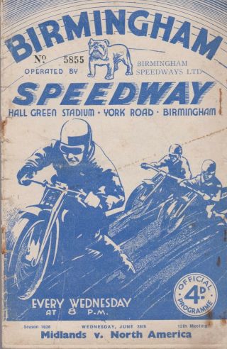 Vintage 1938 Speedway Programme Midlands V North America At Birmingham