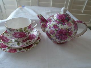 Vintage Style Maxwell Williams 1.  5 Pint Teapot & Tea Set Trio Decorated In Roses