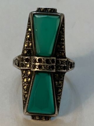 Vintage Uncas Art Deco Sterling Silver Green Onyx Marcasite Ring 5 3/4