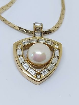 Vintage Christian Dior Faux Pearl Rhinestones Gold Tone Necklace Pendant
