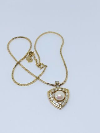 Vintage Christian Dior Faux Pearl Rhinestones Gold Tone Necklace Pendant 2