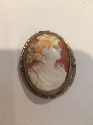 Vintage Handcarved Cameo Shell Pin/pendant Gold Tone Fillagree Casing Read