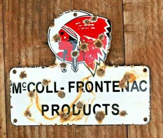 Vintage " Red Indian " Mccoll Frontenac 9x7.  5 " Porcelain Sign Oil Pump Gas Station