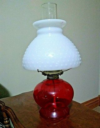 Vintage Ruby Red Base Oil Lamp With White Milk Glass Hobnail Shade Eagle