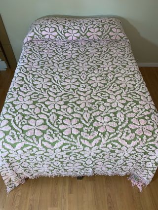 Vintage Pink & Green Chenille Bedspread Full Queen Floral Fringe 100 " L X 92 " W