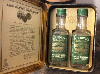 Vintage Jack Daniels Green Label Mini Empty 1/10th Bottle 90 Proof Pair Tin Set