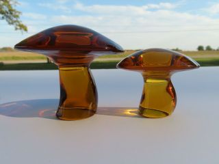 2 Vintage Viking Glass Amber 3 - 1/2 " 2 - 1/2 " Mushroom Figure Figurine Paperweight