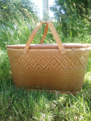 Red Man Vintage Woven Picnic Basket With Wooden Handles Largest One Made