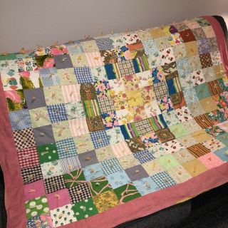 Handmade Mid Century Patchwork Quilt 51 " X57 " Colorful Hand Tied 1960s Vintage
