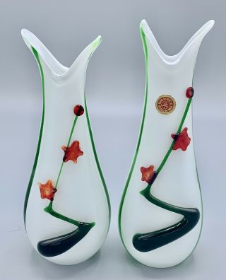 Vtg Chinese Art Glass Peking Style Vases Hand Blown White Glass Overlay 8 1/2 "